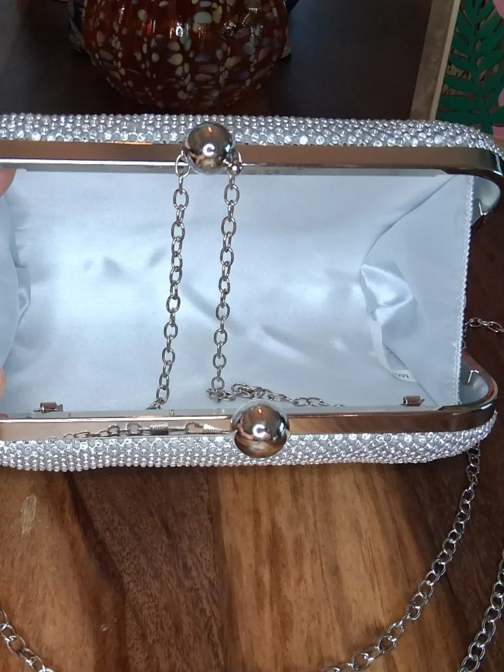 Sparkly Silver Rhinestone Hard Shell Evening Clutch Bag Crossbody Chain